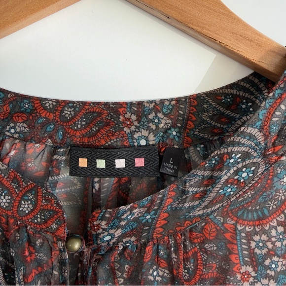 Pleione 100% Silk Paisley Smocked Waist Blouse Large Nordstrom Boho Peplum Top - Picture 2 of 13